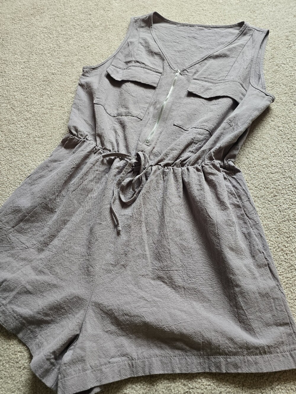 Grey Sleeveless Zip Front Drawstring Romper – Medium